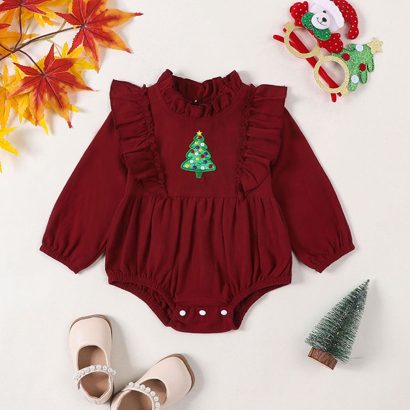 0-12 tháng Giáng sinh thường Romper cho bé gái, Giáng sinh thường Romper dài tay màu đỏ cây Giáng sinh thêu Ruffle Romper