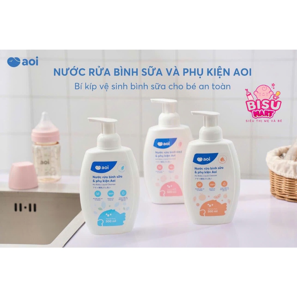Nước rửa bình sữa núm vú Aoi cho bé 300ml 500ml nguồn gốc tự nhiên từ dầu cọ an toàn hiệu quả