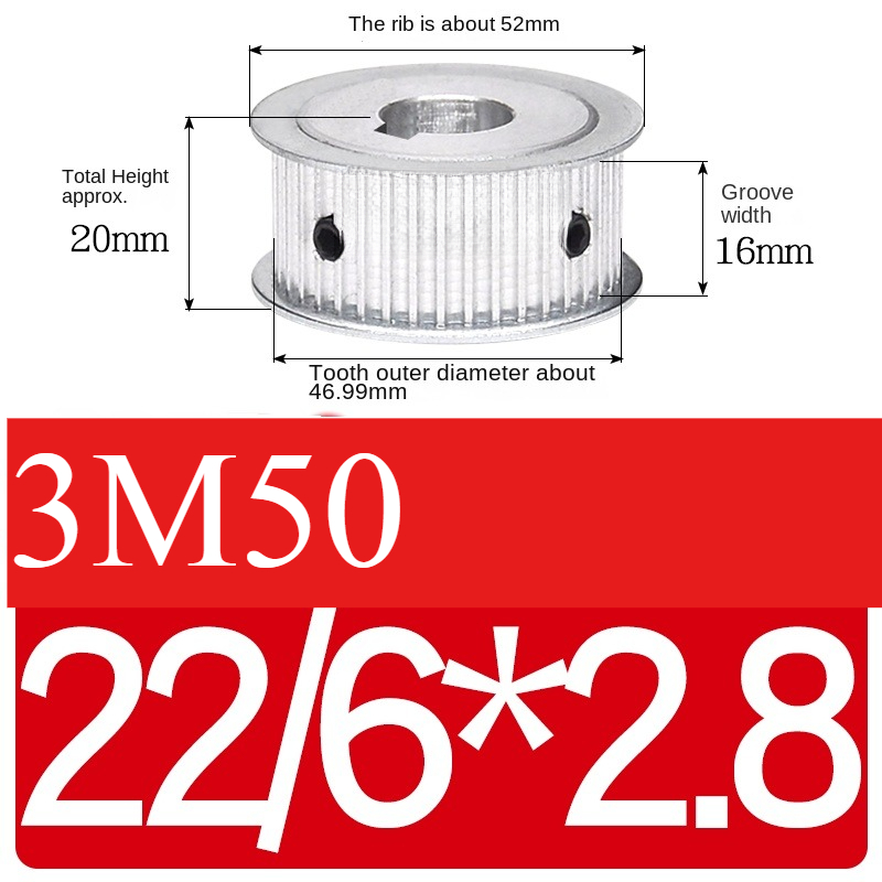 Bánh Răng Đồng Bộ 3M 50 Răng AF Guangfa - Hai Mặt Phẳng, Rãnh 16mm, Lỗ 5-30mm, Nhôm, Truyền Động Chính Xác Công Nghiệp - 16 Lỗ 22/6*2.8