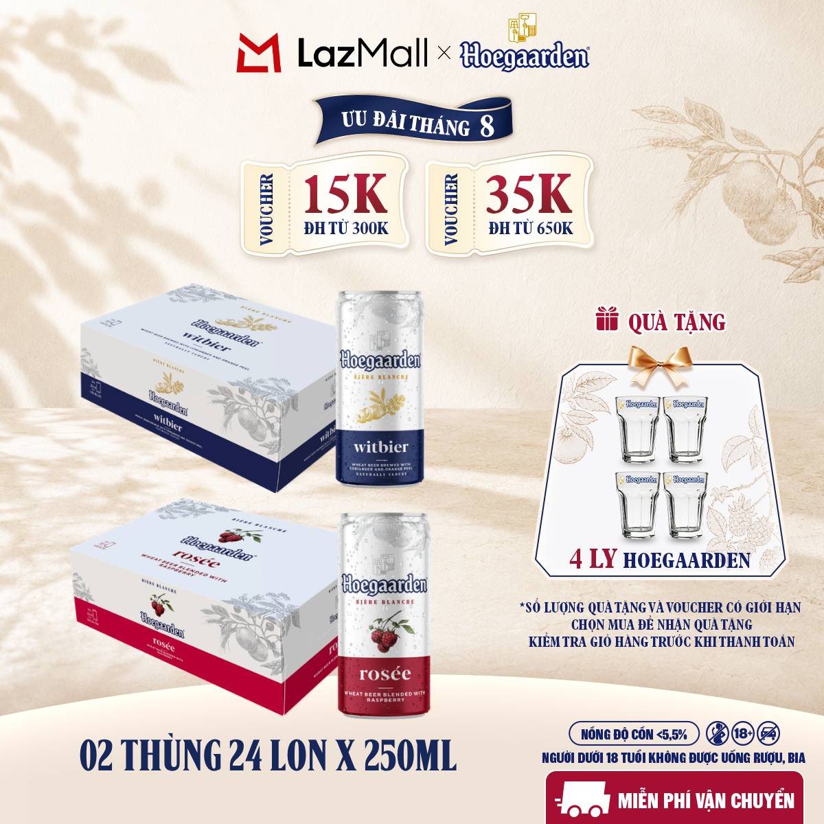 Thùng 24 Lon Bia Hoegaarden white bỉ thùng 24 lon (250ml/lon) và Thùng 24 Lon Bia Hoegaarden Rosée (250ml/lon)