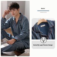 GO THRU ชุดชุดนอนผ้าฝ้าย100% สำหรับผู้ชายดีไซน์ลายทางและกระเป๋าที่ใช้งานได้จริงสำหรับ Comfort ฤดูใบไม้ผลิและฤดูใบไม้ร่วง