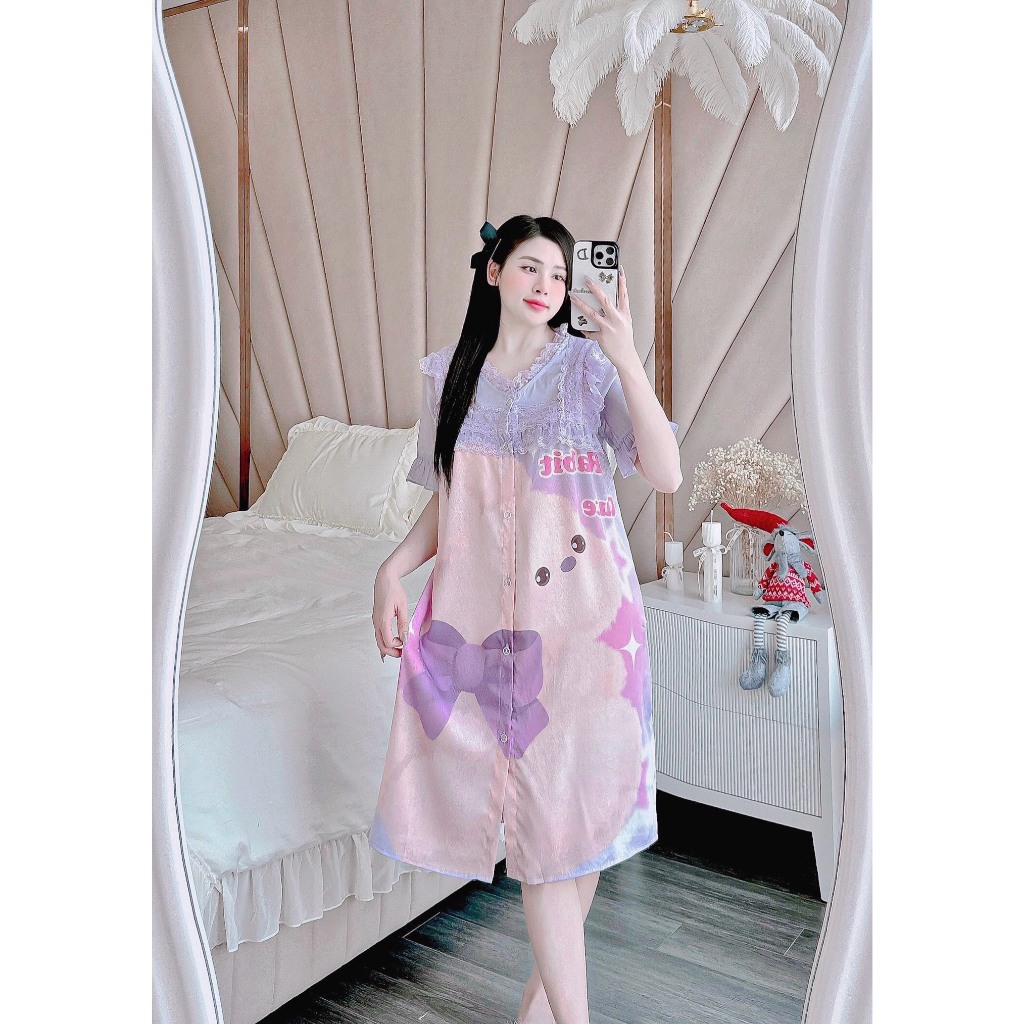 Đầm ngủ tiểu thư cổ ren cài nút tay voan lụa xước dáng rộng dài 40-70kg, đầm váy ngủ lụa cute dễ thương bầu mặc nhà xinh