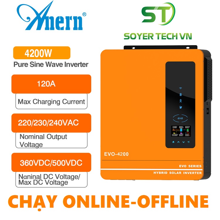 Biến tần hybrid solar inverter anern 24v-4200w on /off grid tie 4.2kw 24v-120a mppt-pv 90-500vdc có lưu trữ mới 2024