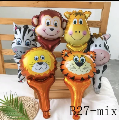 B27 zoo animal lion tiger giraff monkey zebra cow foil handheld balloons