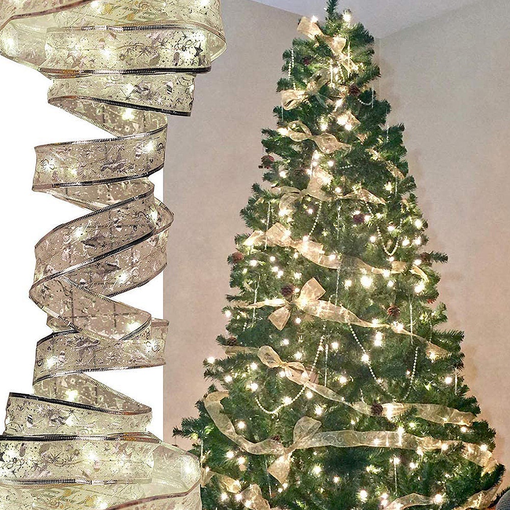 Christmas Tree LED Ribbon Lights Christmas Tree Light Lace Top Bow Colored String Light for Christmas Decoration 5cmx4m