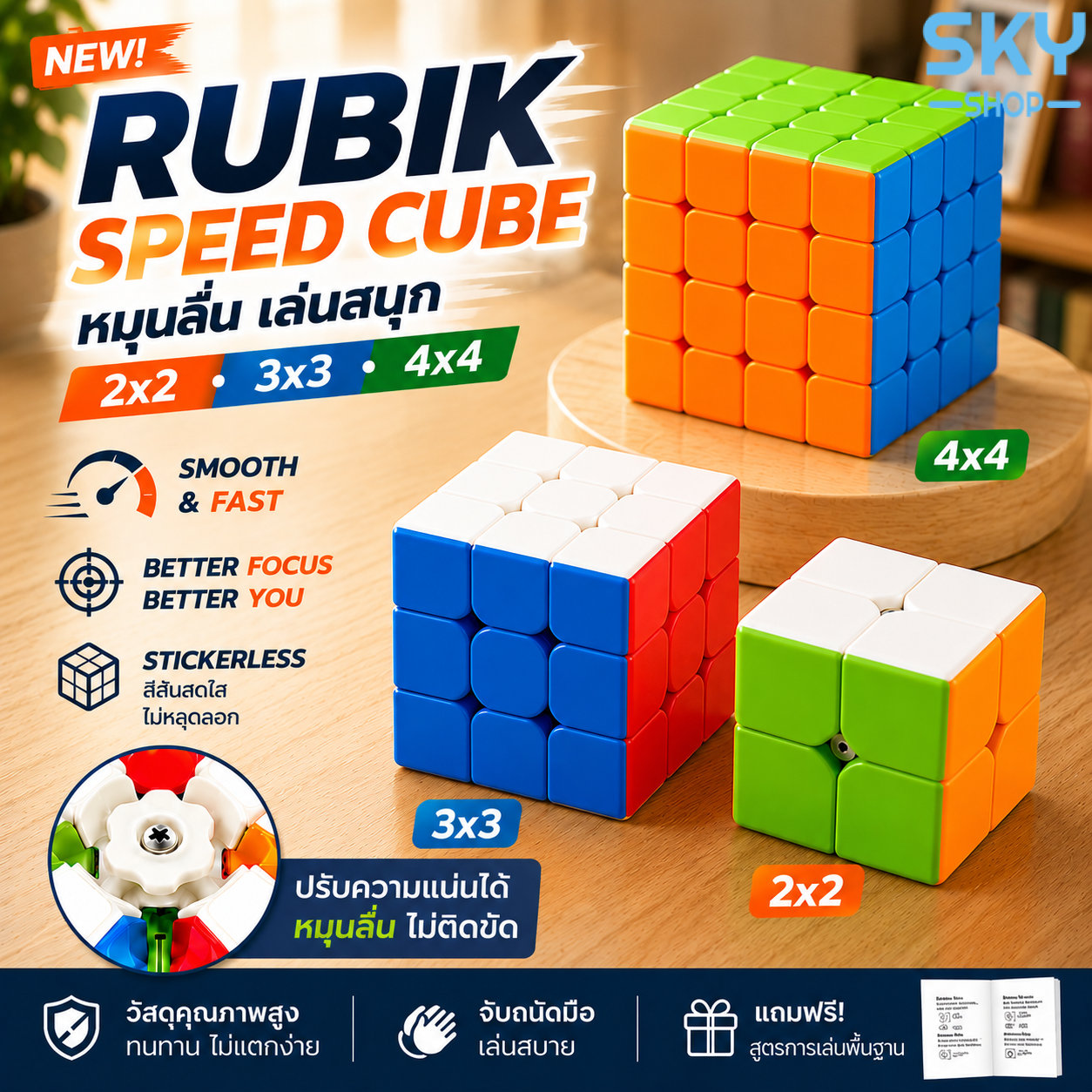 Sky (This Lot Has White Edges) Rubik's Cube Knob 2X2 3X3 4X4 Cube, Brain Training Toy, Increases Iq, Spins Smoothly, Comes with a Playing Formula. Can Be Played by Both Children and Adults Rubik Rubic ราคา 35 บาท*ส่งฟรี