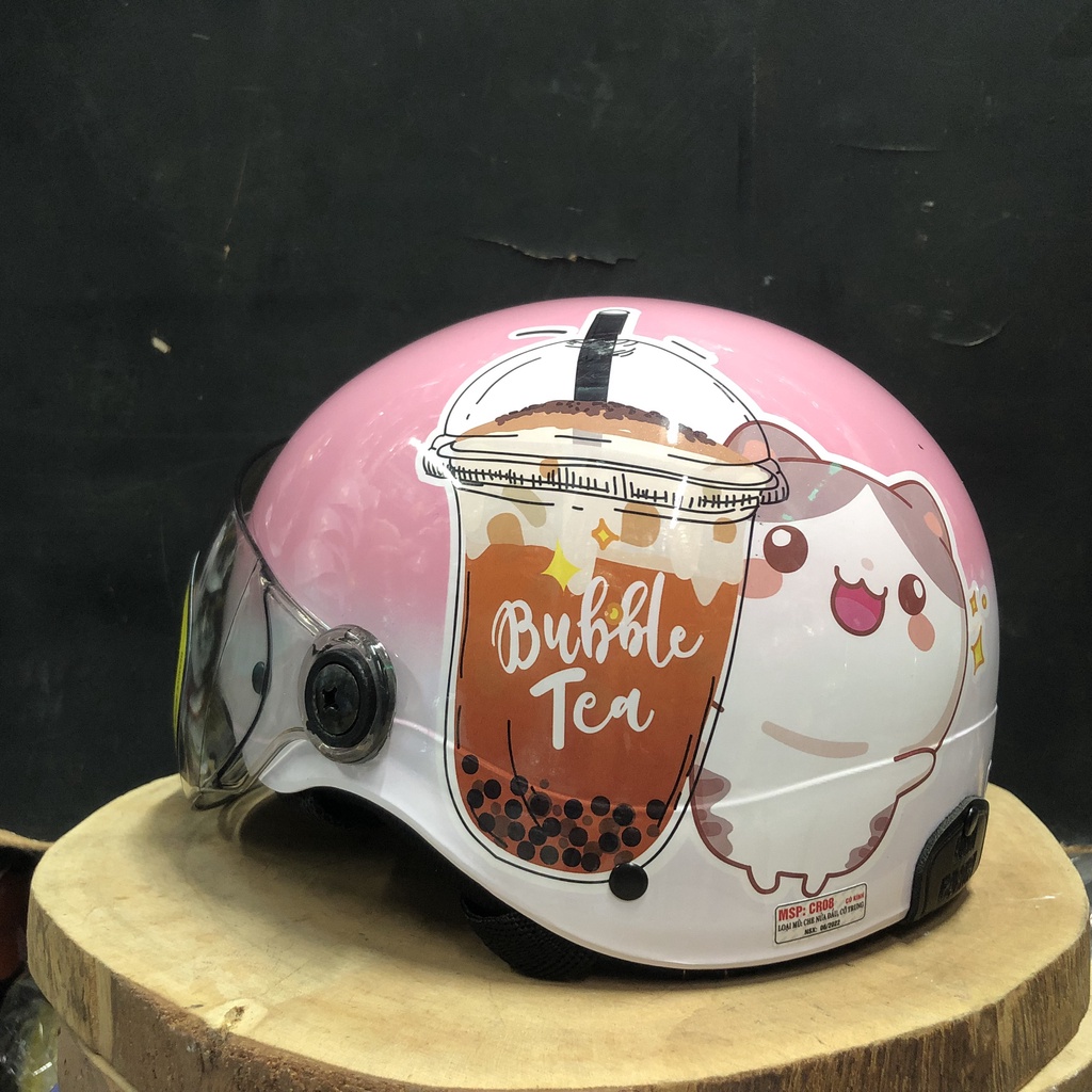  Mũ bảo hiểm cho bé 7 đến 17 tuổi nửa đầu có kính hình trà sữa siêu cute phù hợp cho xe máy và xe đạp điện 
