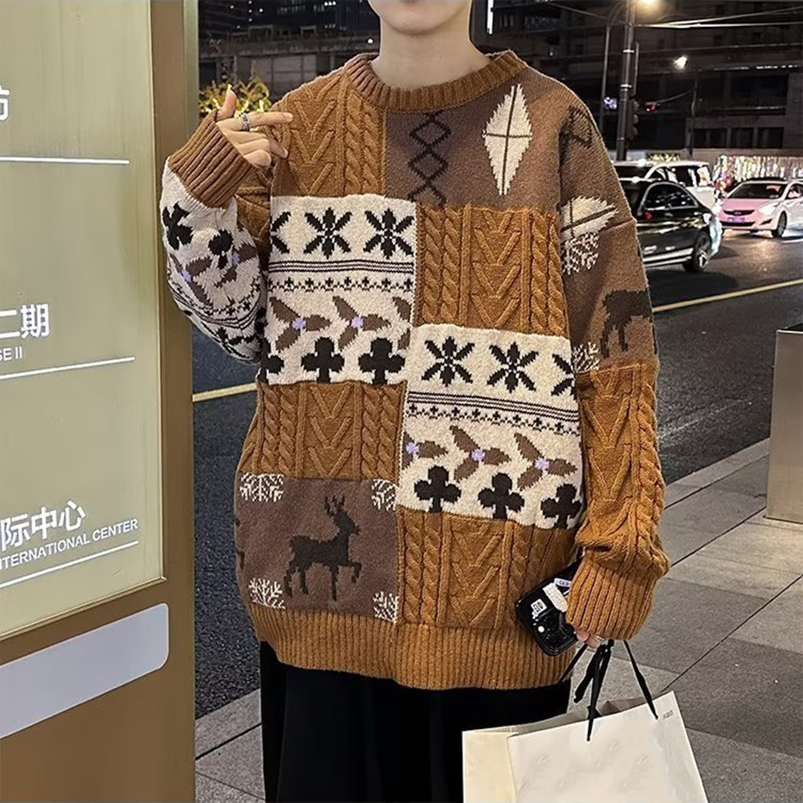 Pull de Style noël pour hommes, coupe ample, Colorblock, flocon de neige, élan, chaud et confortable, tricoté, 543_voghion.com