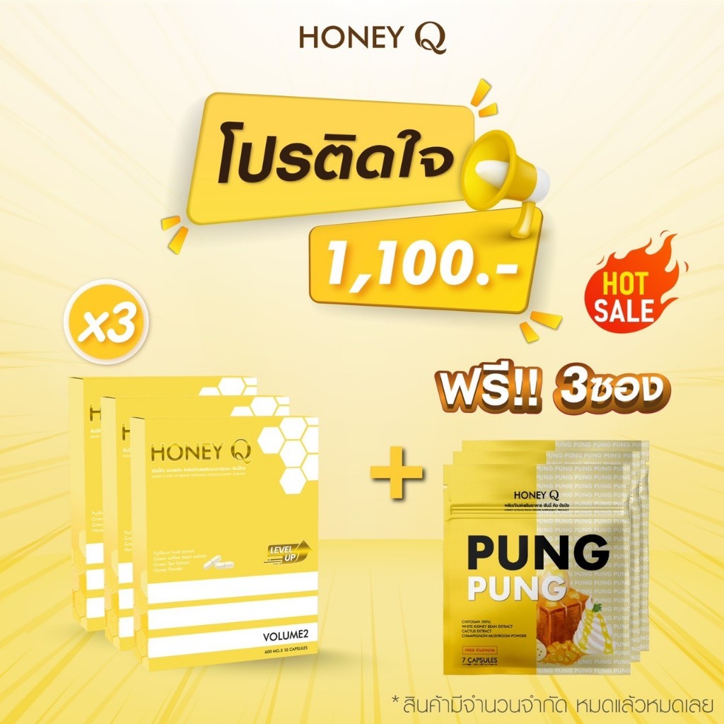 ( 3 แถม 3 ) ตัวแถมใหม่ ปัง ฮันนี้คิว คุมหิว ดักจับแป้ง เผาผลาญไขมัน ลดน้ำหนัก ราคา 1,100 บาท*ส่งฟรี