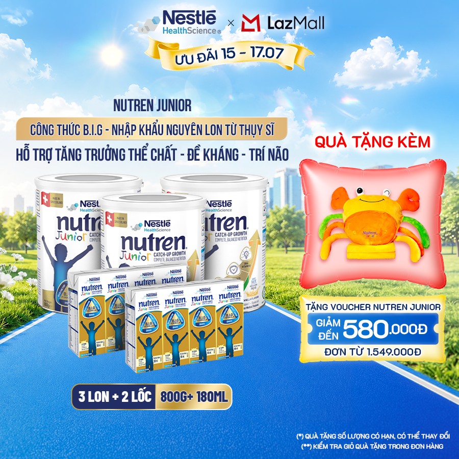 Bộ 3 Sữa Bột Dinh Dưỡng Y Học NESTLÉ NUTREN JUNIOR Xuất Xứ Thụy Sĩ Công Thức BIG Hỗ Trợ Tăng Trưởng Thể Chất,Trí Não,Đề Kháng Cho Bé 800G + 2 Lốc Sữa pha sẵn 180ML/hộp