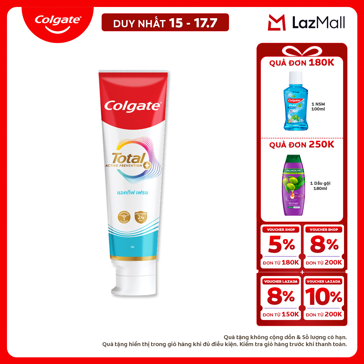 [Chỉ 15-17.7_X2 Voucher giảm đến 18%] [MỚI] Kem đánh răng Colgate Total sạch sâu bảo vệ, ngăn ngừa 8 vấn đề răng miệng 150g/ tuýp