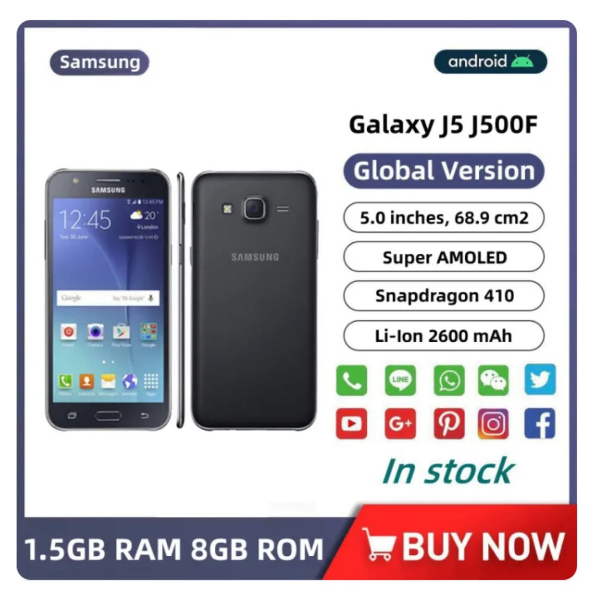 Samsung Galaxy J5 J500F 5.0 นิ้ว Quad Core 1.5GB RAM 8GB ROM 13MP กล้องหลัง Dual SIM Bluetooth โทรศัพท์มือถือ Android ราคา 1,815 บาท*ส่งฟรี
