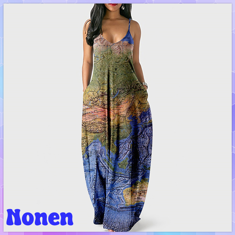 [NonDen] Cross-Border World Map Elegant Dresses For Women Sexy Beach Long Dress Plus Size Irregular Sleeveless Spaghetti Strap Sundress