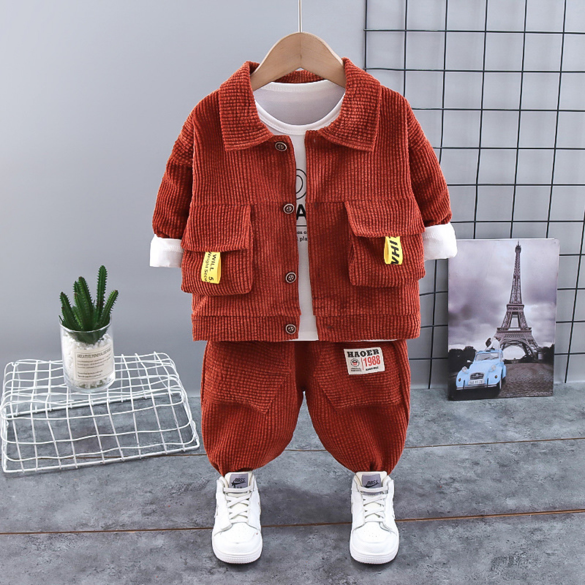 Bộ Quần Áo Mùa Thu Cho Bé Trai Áo Khoác Nhung Kẻ Trẻ Em Bộ Ba Chiếc Quần Áo Nam Bé Trai 15 Tuổi Quần