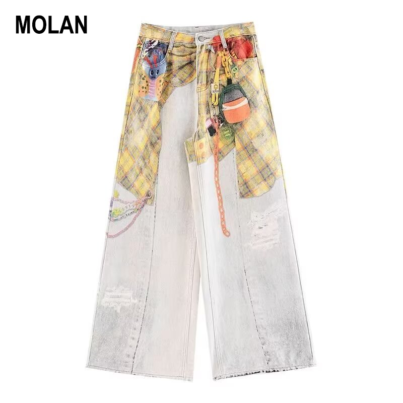 American Vintage Graffiti Printed Wide Leg Jeans Women High Waist Loose Straight Trousers Spring 2026 New Fashion