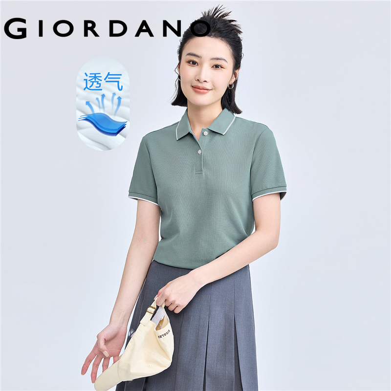 Áo POLO Nữ Tay Ngắn GIORDANO Women vải Pique Mảnh khảnh Trang trí viền gân với màu tương phản Thấm h