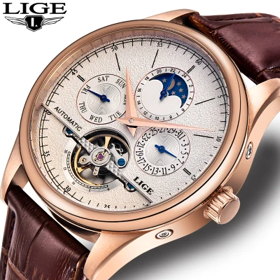 LIGE Men Watches Fashion Casual Watch Leather Waterproof Automatic Mechanical Wrist Watch