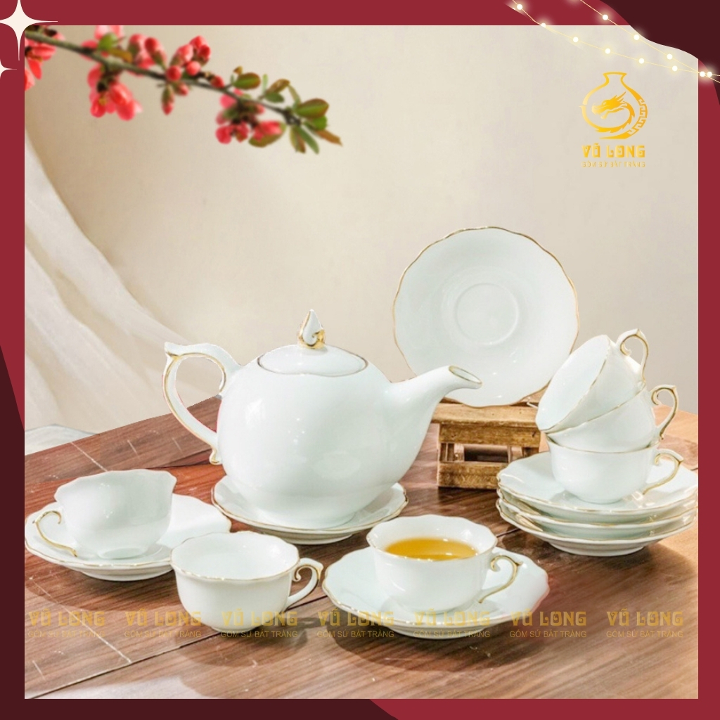    CHỌN MẪU  Bộ ấm chén pha trà gốm sứ Bát Tràng men trắng kẻ chỉ vàng kim Ấm chén quà tặng đẹp mắt 
