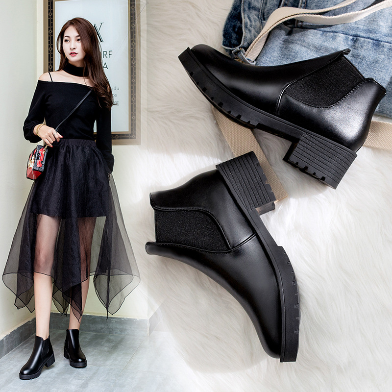 2023 Autumn New Martin Boots Thick Heel Short Boots Middle Heel Boots Black