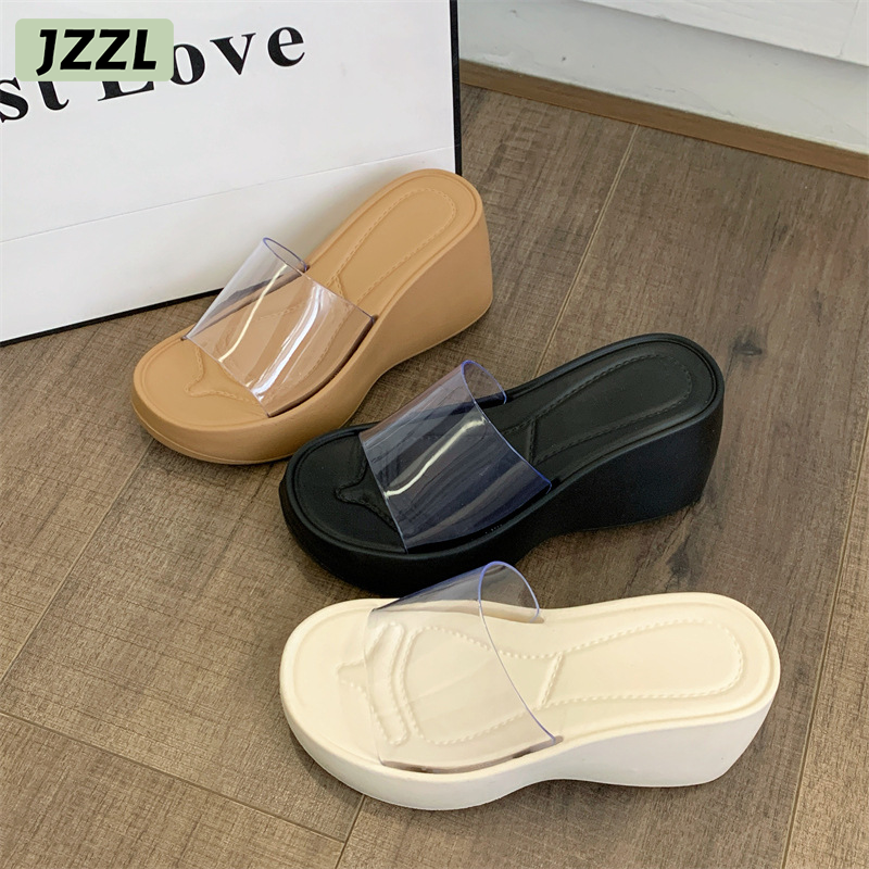 Jzzl Dép xăng đan nữ đế xuồng hở ngón trong suốt Xăng đan đế xuồng đế dày dép Xăng đan nữ đế xuồng phong cách nền tảng Giày PVC đế cao su trên