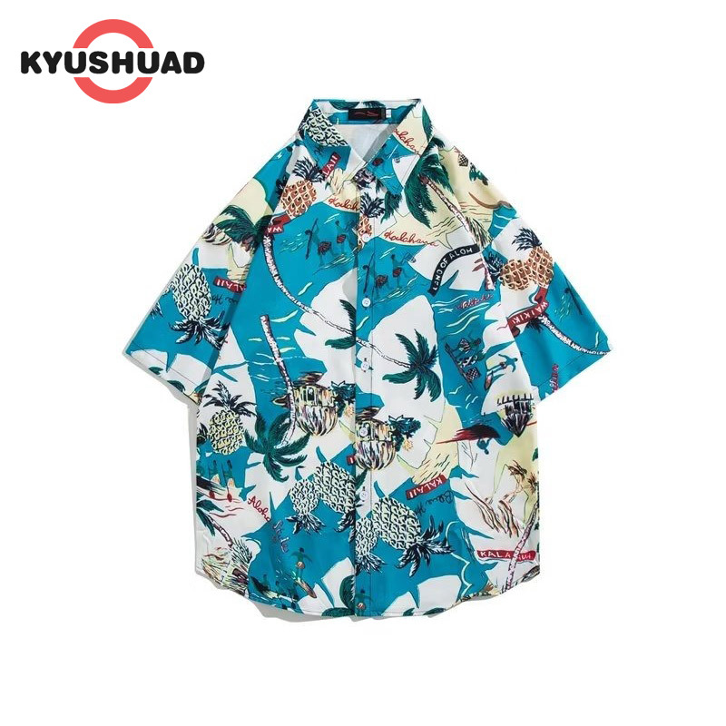 KYUSHUAD Men's Hawaiian style short-sleeved shirt Art trend standard five-quarter sleeve square collar Japanese trend top youth fashion new lazy printed shirt ราคา 143 บาท*ส่งฟรี