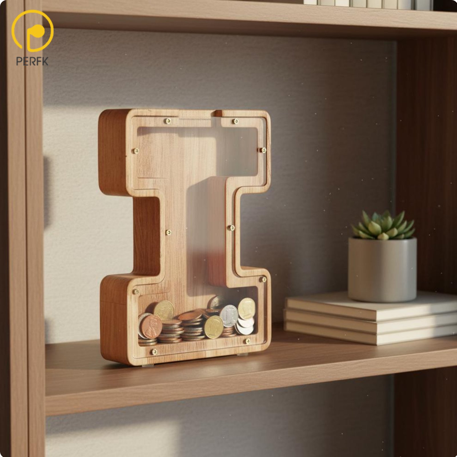Perfk Natural Wood Wooden Letter Piggy Bank Creative Design Alphabet Currency Box Polished Finish Personalized Letter Savings Jar Educational Toy for Children, Toddlers, Bedroom, Nursery ราคา 429 บาท*ส่งฟรี