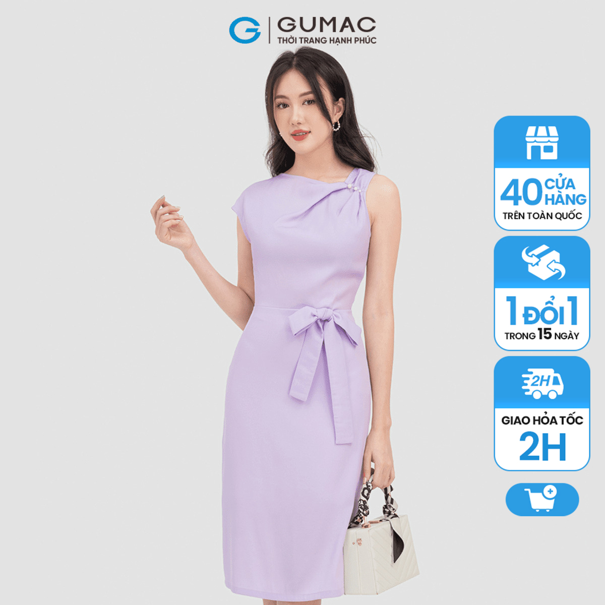 Đầm bút chì gumac dc07035, đầm nữ lệch vai phối phụ kiện sang trọng