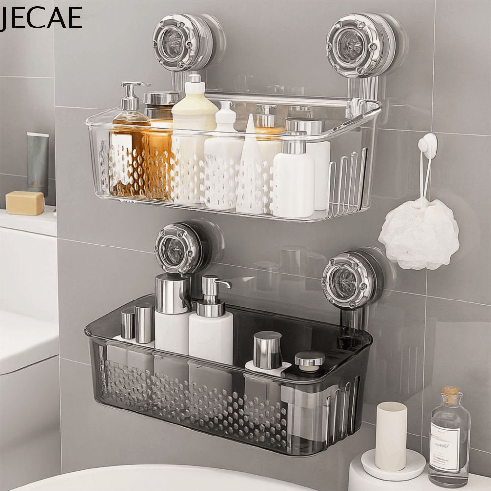 JECAE Nhựa Giá đỡ vòi hoa sen hút chân không Dung lượng lớn Trong suốt Giỏ thoát nước Phòng tắm Chống thấm nước Giá lưu trữ gắn tường dành cho gia đình