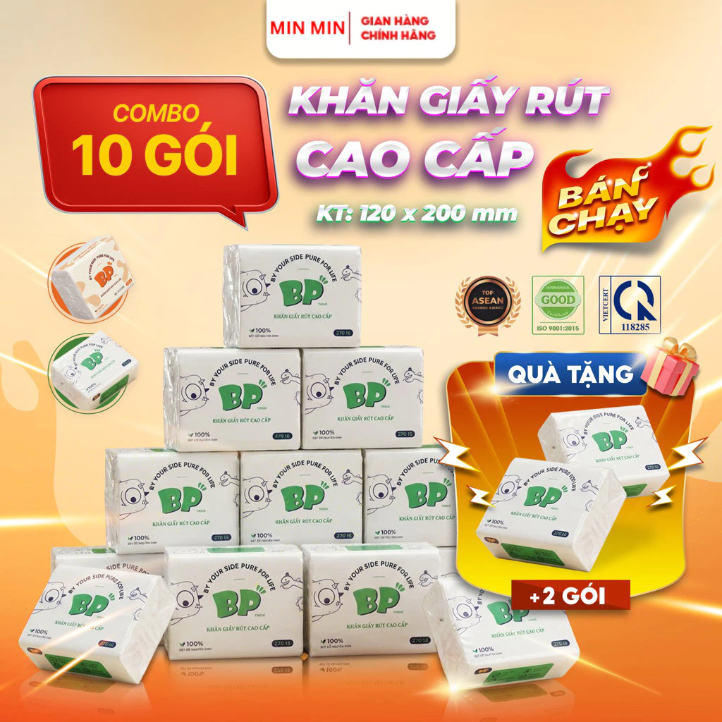 Mua 10 Tặng 2 Gói Khăn Giấy Rút BP Tissue Gói 270 Tờ 3 Lớp Dày Mềm Thấm Hút Nhanh Thiết Kế Tiện Lợi