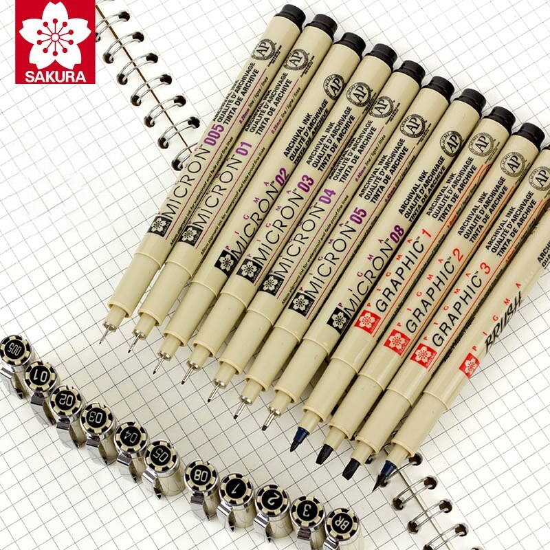 10pcs Sakura Pigment Marker Pens Pigma Micron Pen Needle Soft Brush