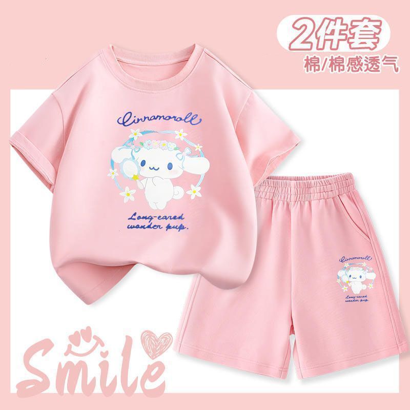 Baby Girls Cinnamoroll Short Sleeve + Shorts Two-piece Set Age 1 To 12 Years Children's Suit Cute Five-part Pants Two-piece Set Cartoon Pattern