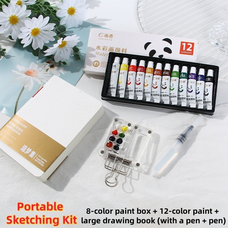 EmmAmy® 12/24Color Portable Watercolor Paint Set / Drawing Notebook for Outdoor Sketching Painting Training