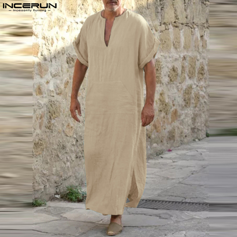 Nam hiệu incerun tay ngắn cổ chữ V trơn đơn giản áo choàng cotton dân tộc Vải Lanh phong cách áo dài (trang phục hồi giáo)
