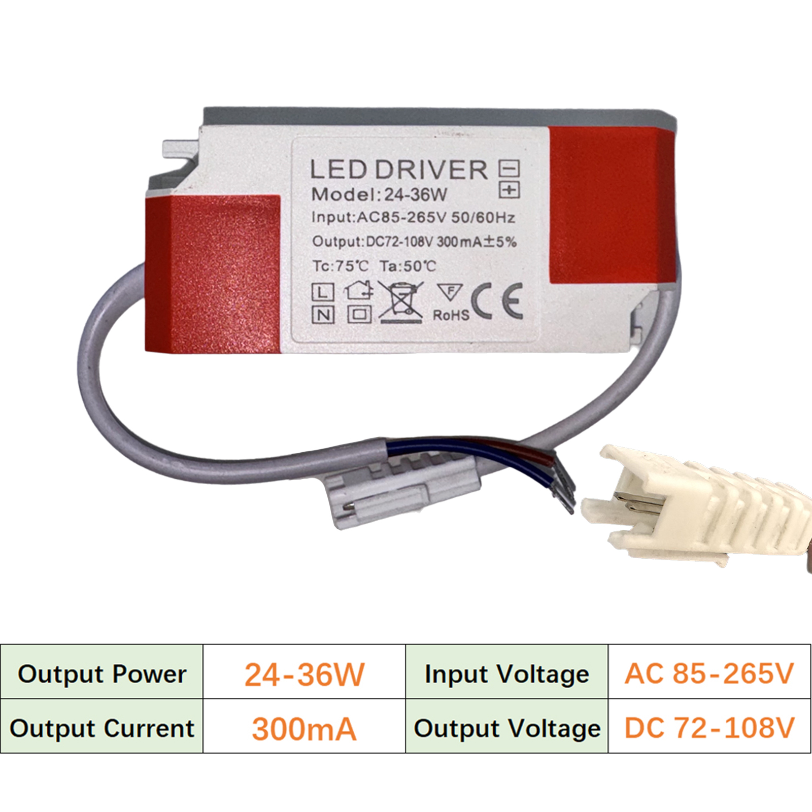 LED Driver 1-3W 4-7W 8-12W 18-24W 24-36W Constant Current 300mA AC 85-265V Output 3-108V DC Connector Power Supply LED Ceiling Lamp