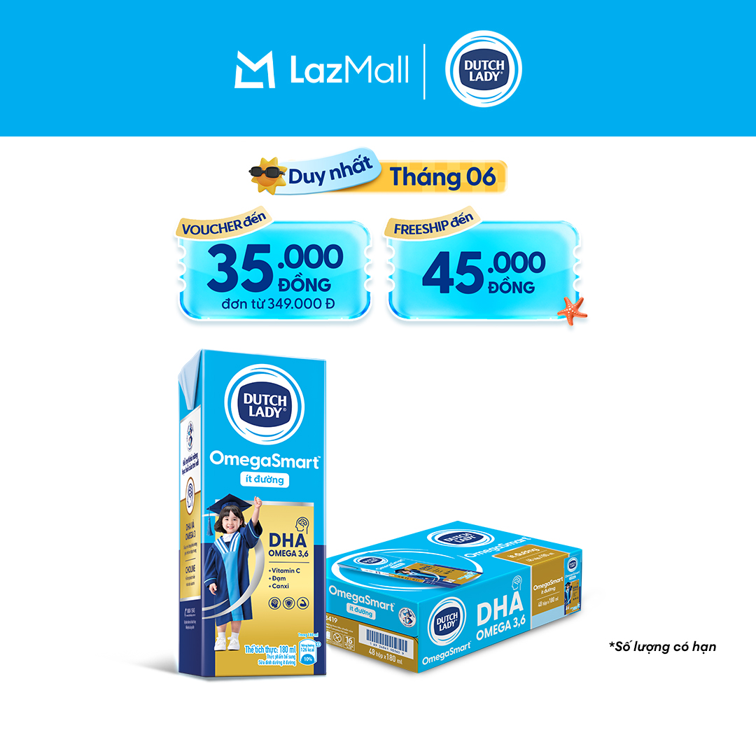 Thùng 48 Hộp Sữa Dinh Dưỡng Ít Đường Dutch Lady OmegaSmart 48x180ml cho trẻ trên 1 tuổi