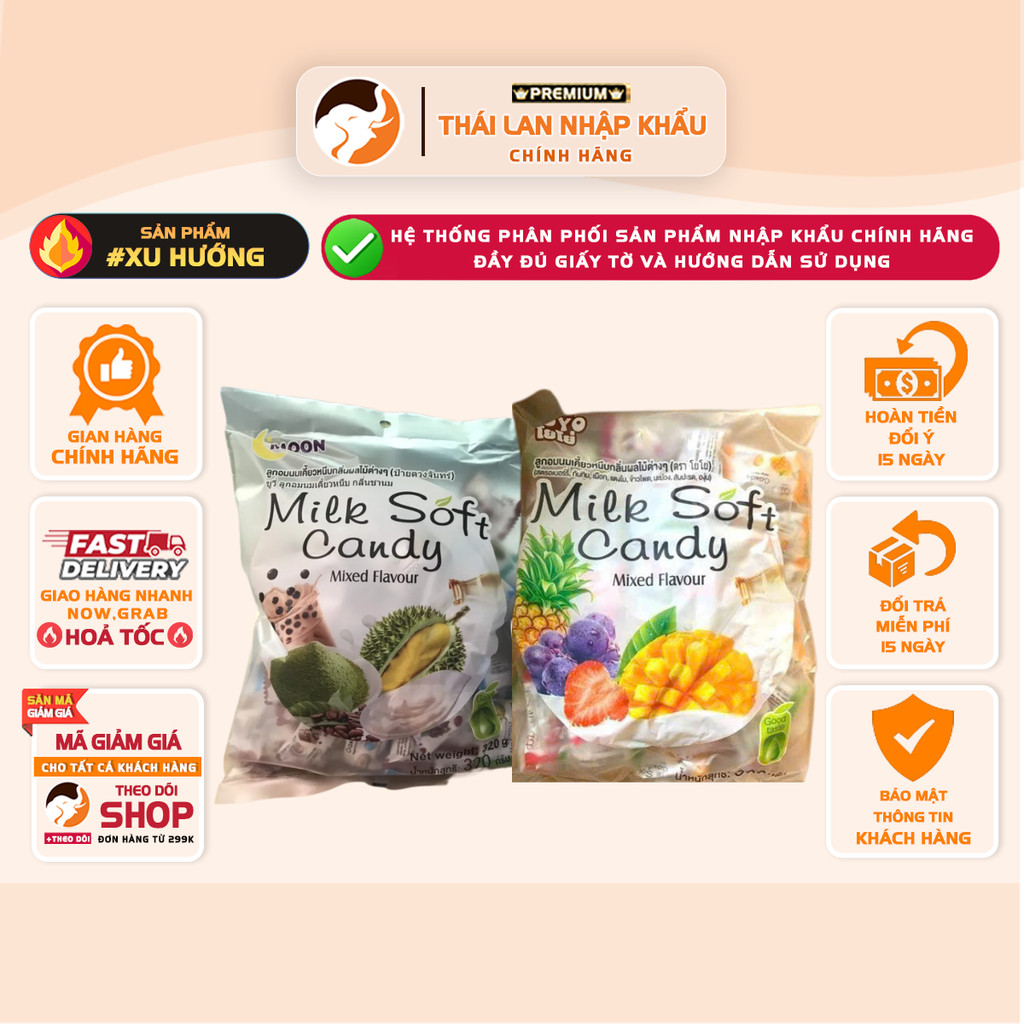 [GÓI 300Gr] Kẹo dẻo Thái Lan vỏ sữa mềm nhân trái cây Milk Soft Candy