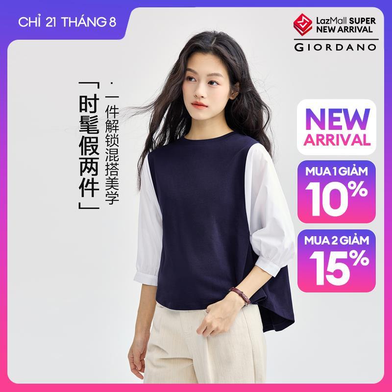 GIORDANO Women T-Shirts Fake Two-Piece Knit-Woven Mix Tee Crewneck 3/4 Sleeve Fashionable Casual Loose T-Shirts 13326751