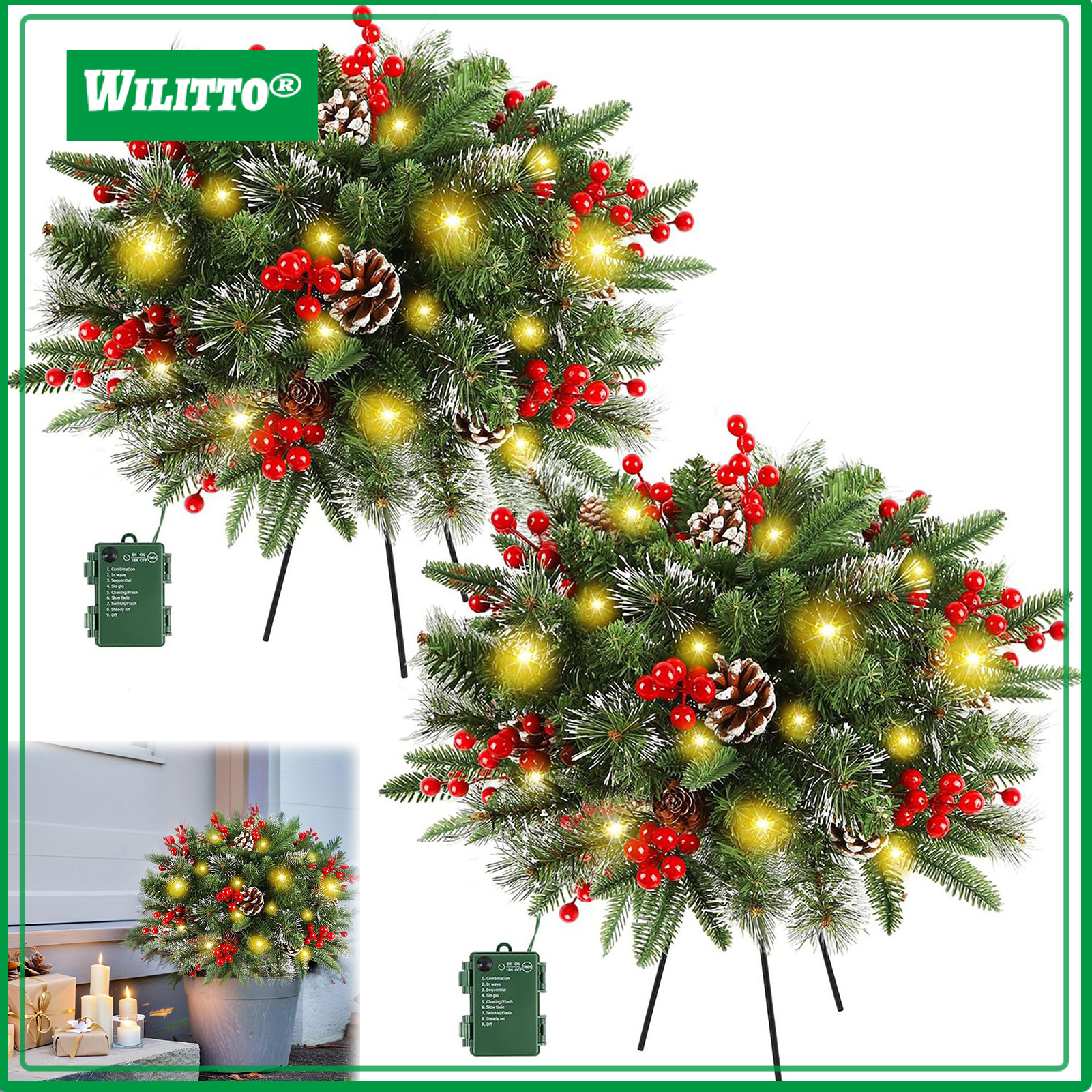 Pre-lit Christmas Tree Urn Filler 20 Inch Artificial Xmas Pine Tree with Pinecone Red Berries Battery Powered Outdoor Light Up Planter Filler with Tripod Stake for Porch Pathway ราคา 1,076 บาท*ส่งฟรี