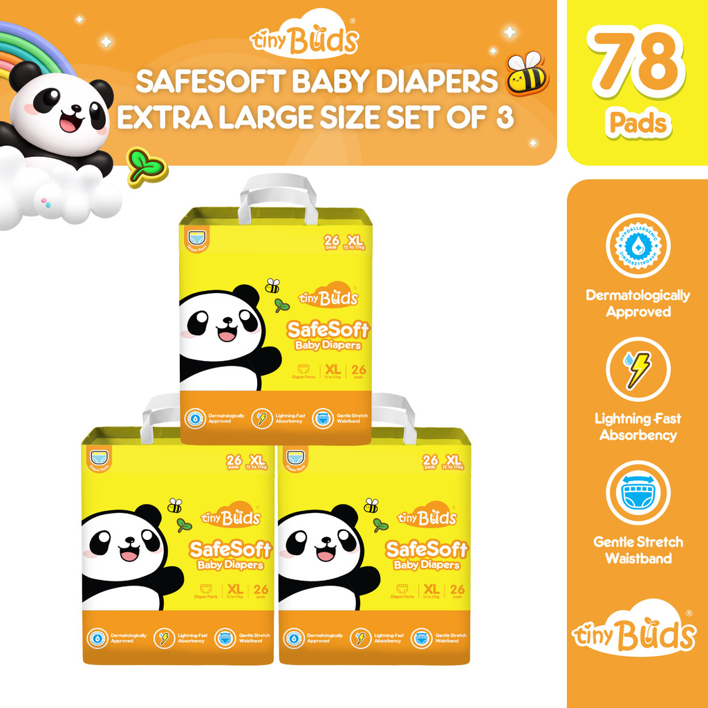 Tiny Buds Baby SafeSoft Pants Diaper XL 12–17kg (Set of 3) | Hypoallergenic Double Leak Guard