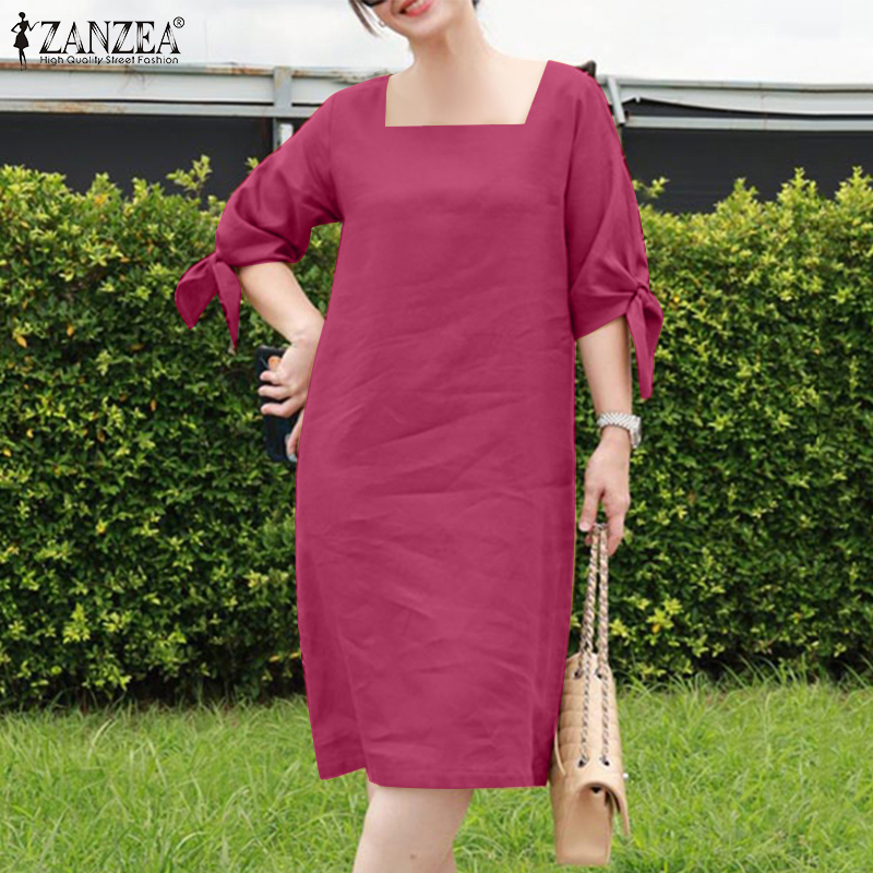 Zanzea Đầm Nữ ĐầM Xòe 3/4 Tay Cổ Vuông bằng vải lanh cotton Đầm midi trơn cổ điển #15