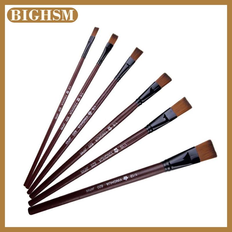 BIGHSM แปรงทาสีอะคริลิคทำจากเส้นผมไนลอนแบน6ชิ้น เซ็ตอุปกรณ์สำหรับศิลปิน