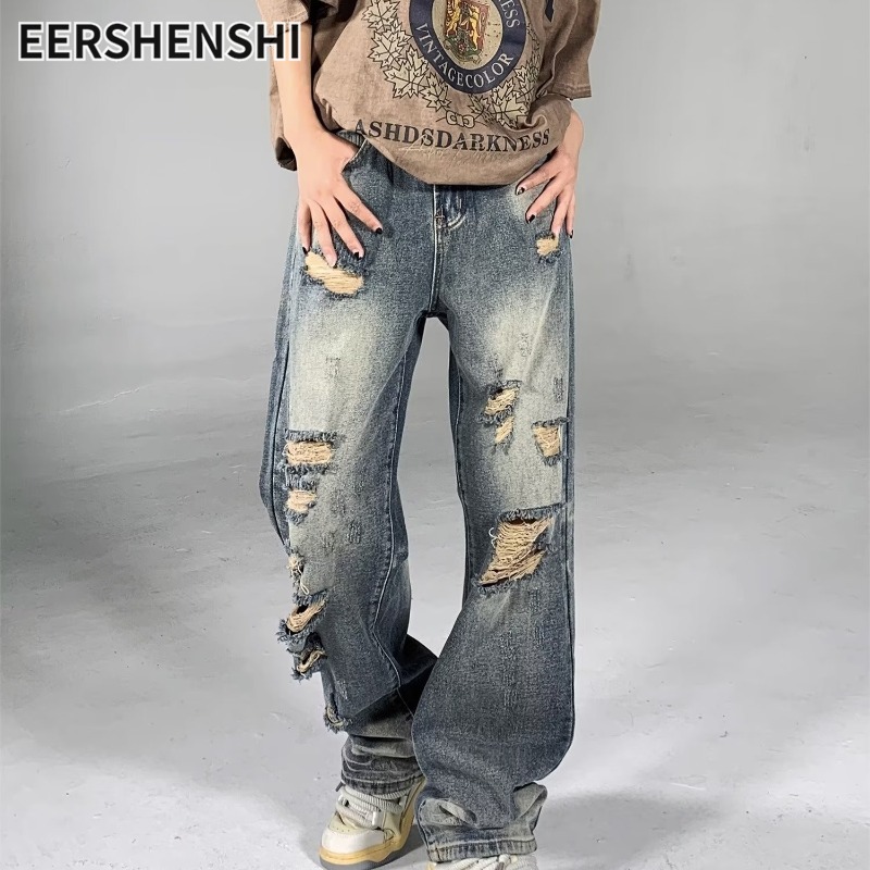 EERSHENSHI quần jeans nam Mỹ cổ điển Quần jean rách nam Ins quần thẳng rách ống đứng dáng rộng quần denim