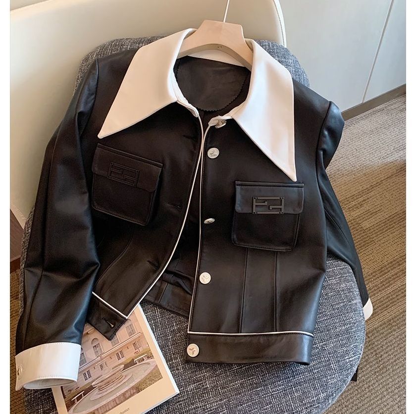 Design Sense Black and White Contrast Color Lapel PU Leather Coat Female Autumn 2024 Niche Temperament Short Jacket Top
