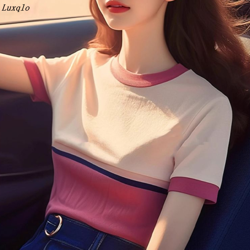 Luxqlo Knitted Top Women Short Sleeve T Shirt Round Neck Casual Korean Tshirt Summer Tee ราคา 243 บาท*ส่งฟรี
