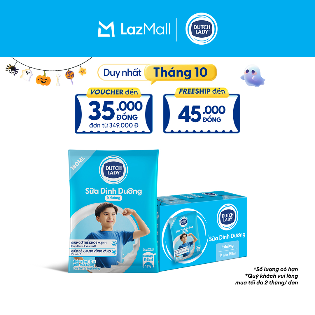 Thùng 24 Bịch Sữa Tươi Dinh Dưỡng Ít Đường Dutch Lady 180ml (24x180ml)