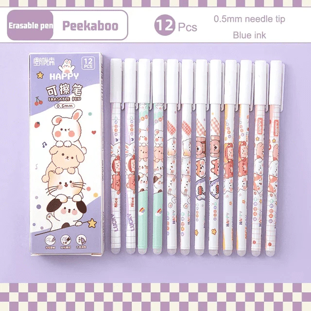 12pcs 0.5mm Erasable Gel Pen Cute Pen Blue Ink With Eraser Magic Blue Pen School Stationery Supplies