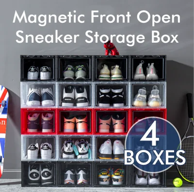 2021 NEW | SET OF 4/6 | Big Capacity Stackable Magnetic Front Drop Opening Shoes Sneakers Storage Shoe Box