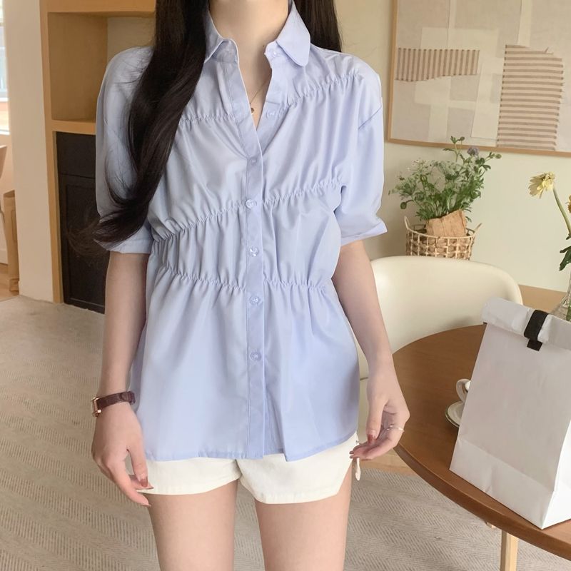 Áo Peplum nữ áo có tay ngắn màu xanh LAZ nigori