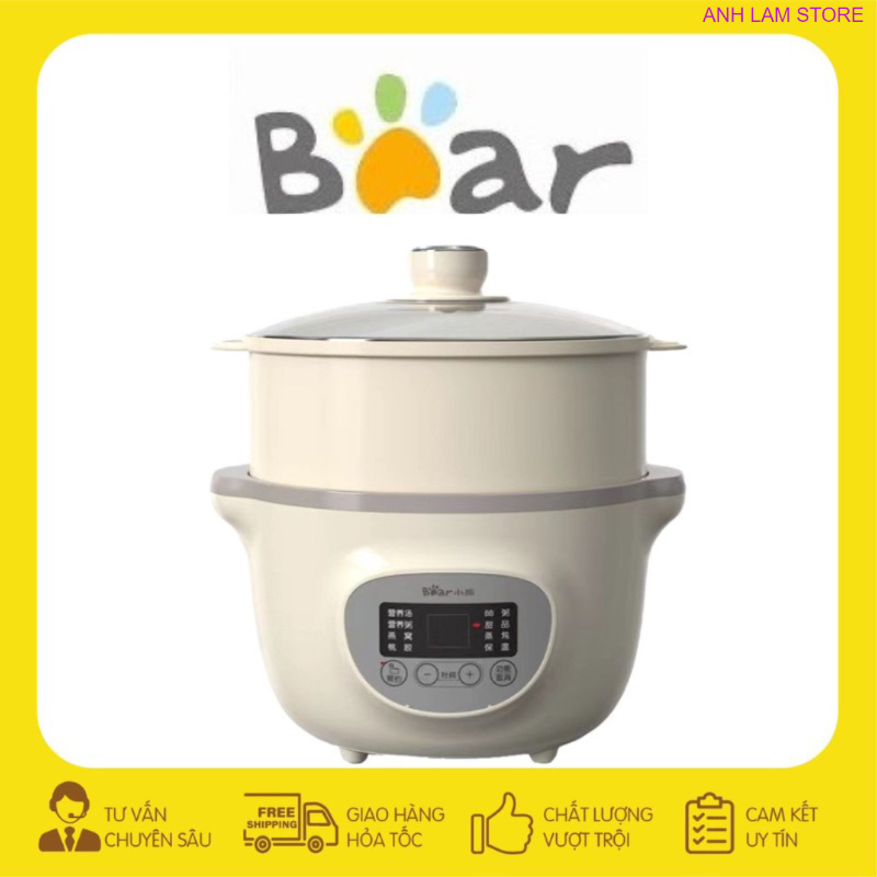 Nồi nấu chậm bear mã ddz-d16j3 1,6l ninh hầm cách thuỷ kèm vỉ hấp và 3 thố sứ chính - hàng chính hãng bh 12 tháng