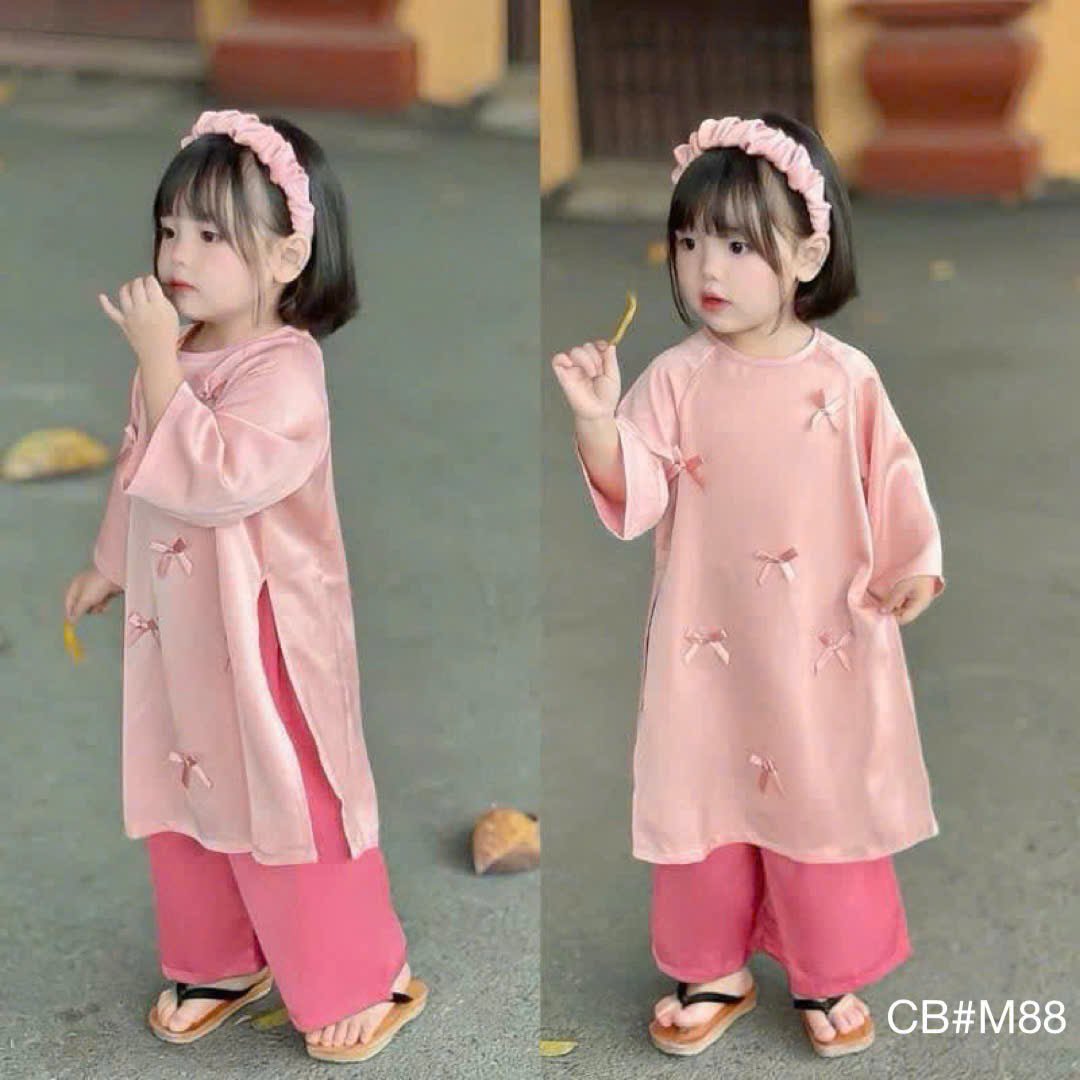 (Size 12-27kg) Tặng cài tóc, áo dài lụa ngọc đính nơ kèm quần xinh xẻo cho bé